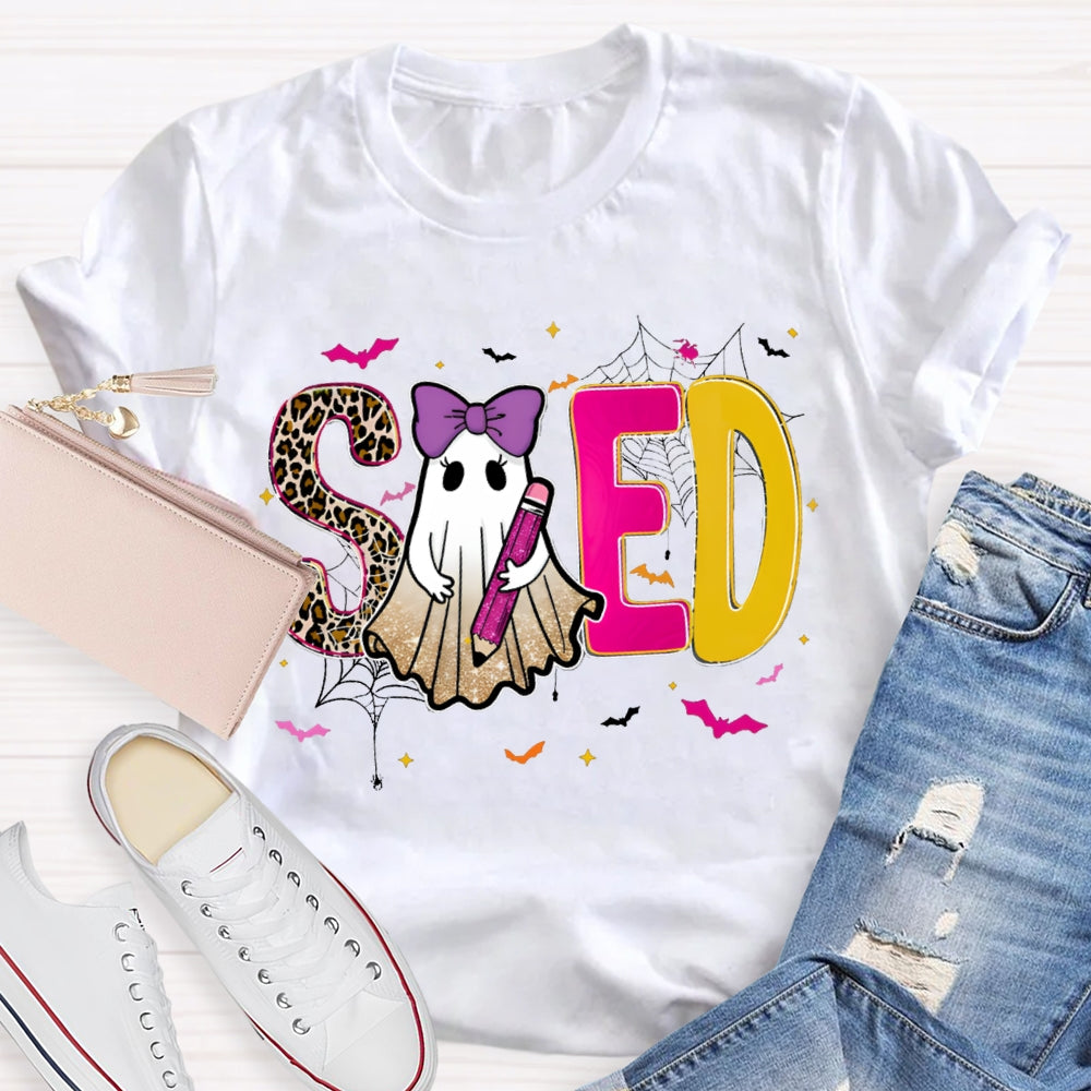 Sped Special Education Leopard Print Font And Ghosts Halloween T-shirt