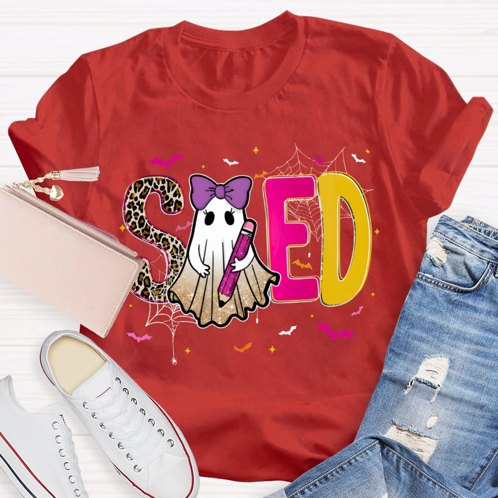 Sped Special Education Leopard Print Font And Ghosts Halloween T-shirt