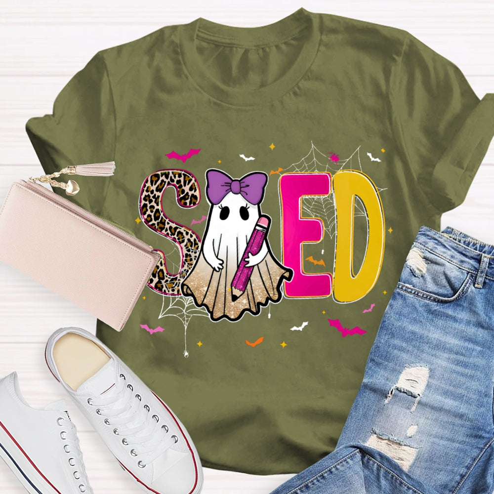 Sped Special Education Leopard Print Font And Ghosts Halloween T-shirt