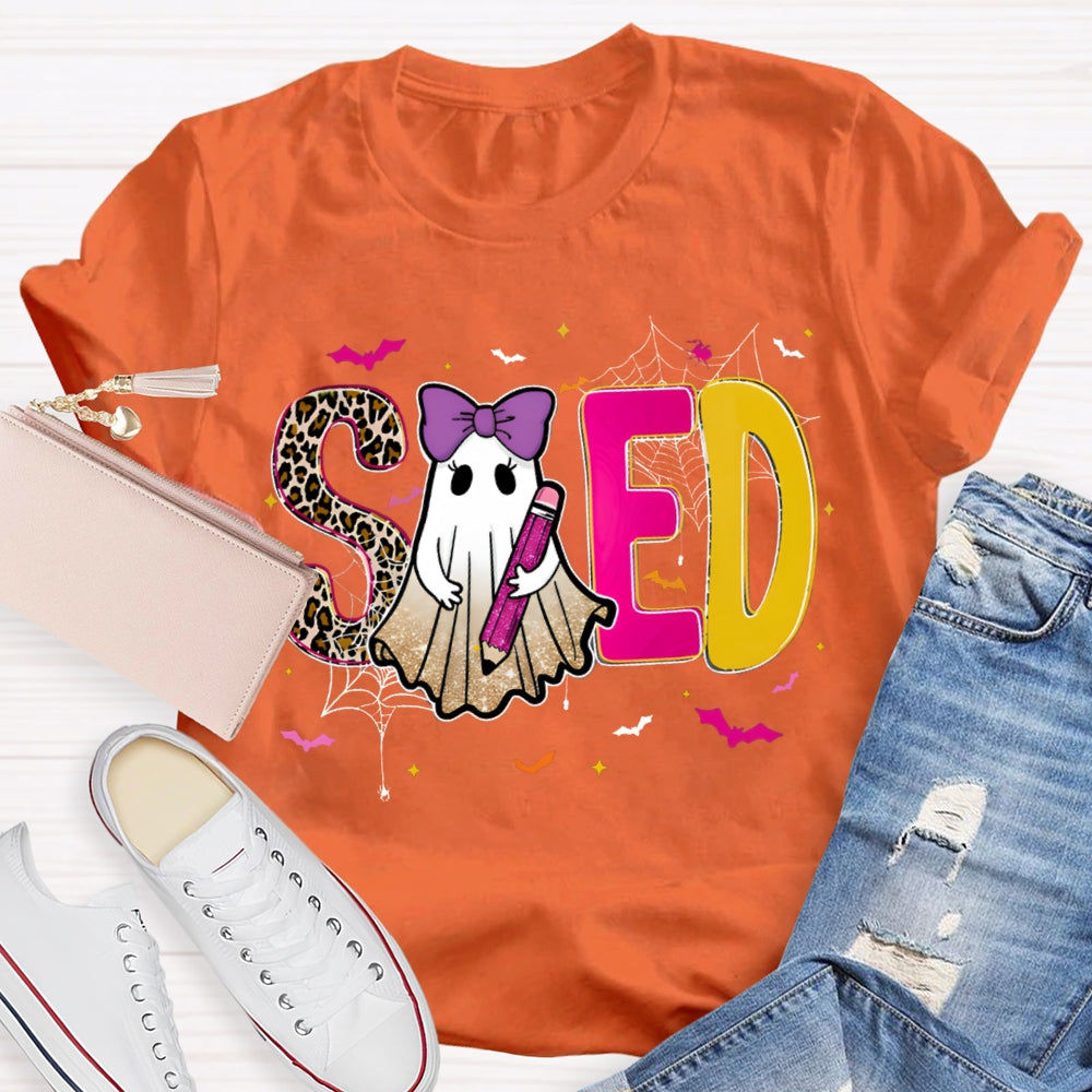 Sped Special Education Leopard Print Font And Ghosts Halloween T-shirt