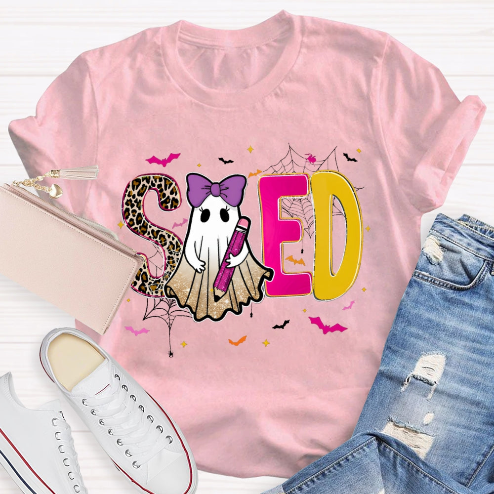 Sped Special Education Leopard Print Font And Ghosts Halloween T-shirt