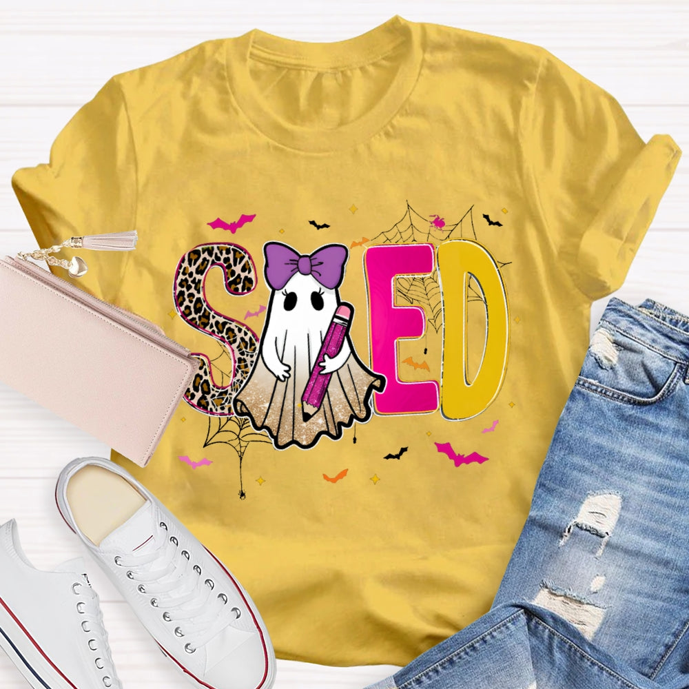 Sped Special Education Leopard Print Font And Ghosts Halloween T-shirt