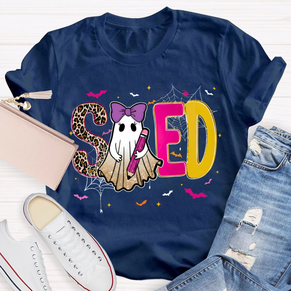 Sped Special Education Leopard Print Font And Ghosts Halloween T-shirt
