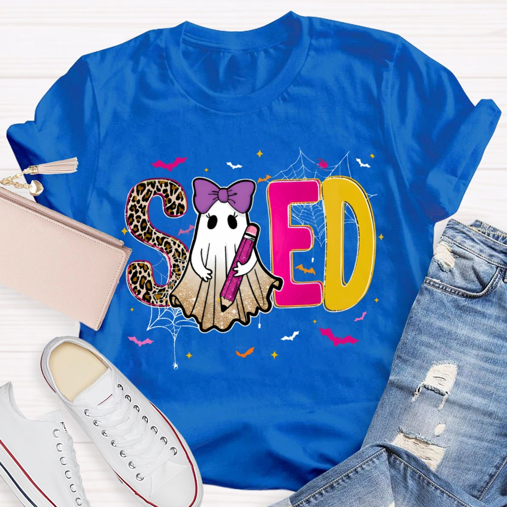 Sped Special Education Leopard Print Font And Ghosts Halloween T-shirt