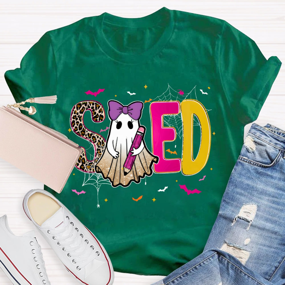 Sped Special Education Leopard Print Font And Ghosts Halloween T-shirt