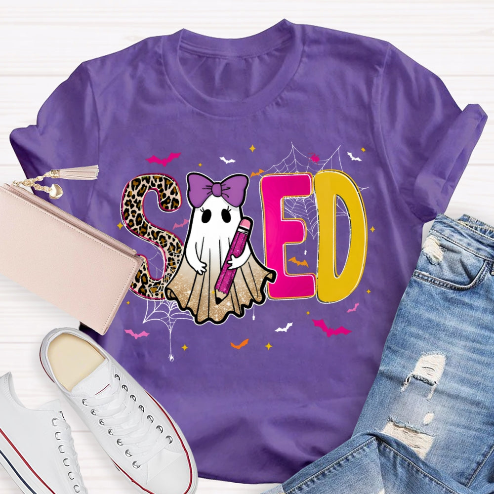Sped Special Education Leopard Print Font And Ghosts Halloween T-shirt