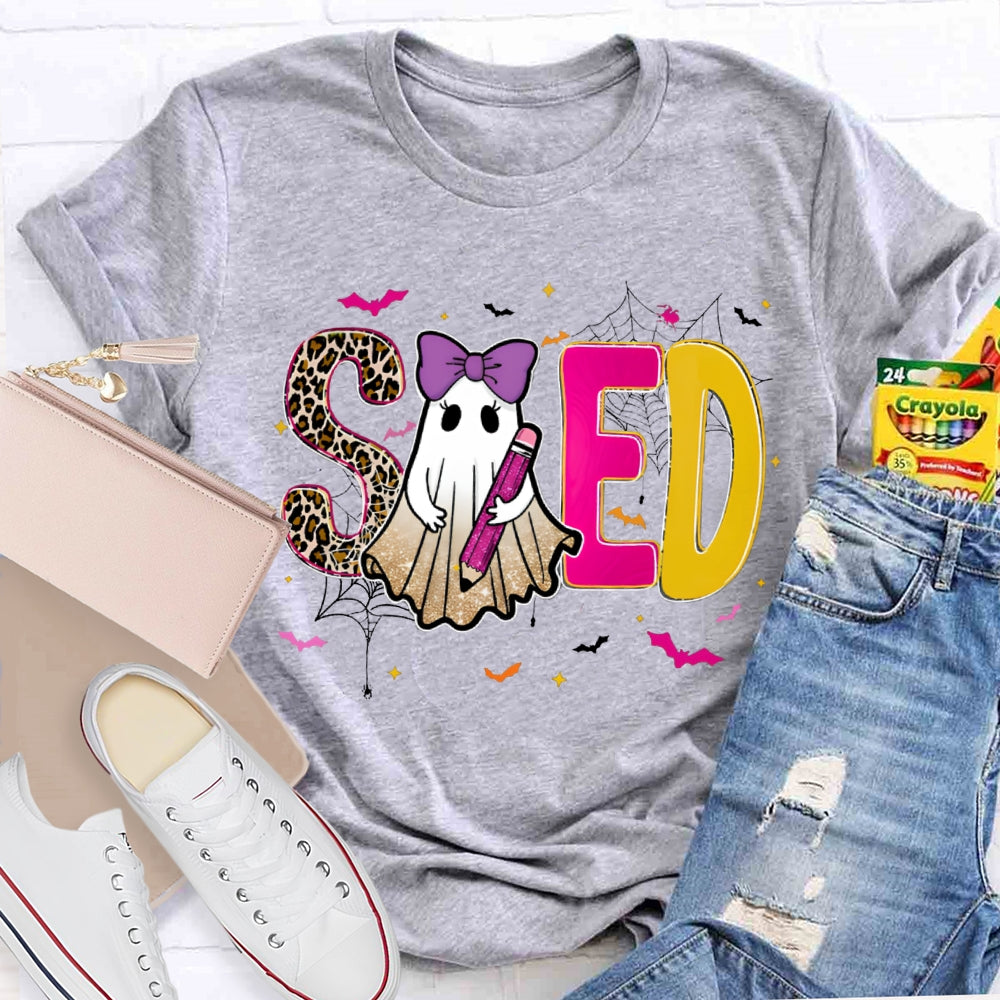 Sped Special Education Leopard Print Font And Ghosts Halloween T-shirt