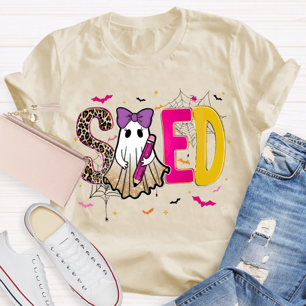 Sped Special Education Leopard Print Font And Ghosts Halloween T-shirt