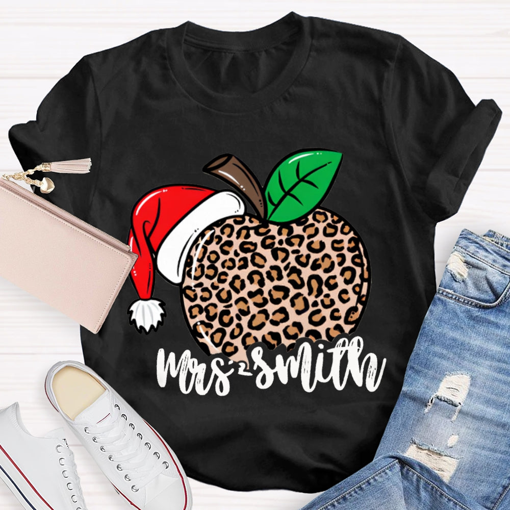 Personalized Name Leopard Apple Santa Hat Christmas T-shirt