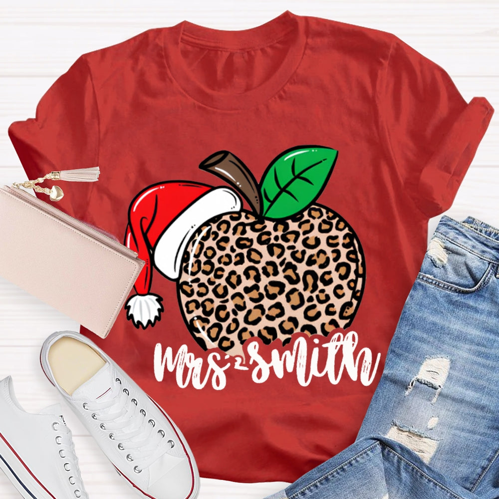 Personalized Name Leopard Apple Santa Hat Christmas T-shirt