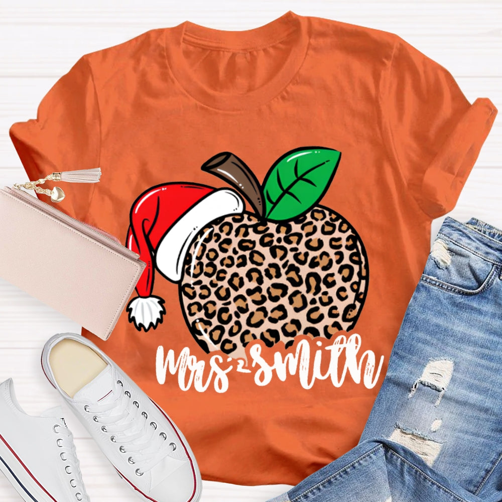 Personalized Name Leopard Apple Santa Hat Christmas T-shirt