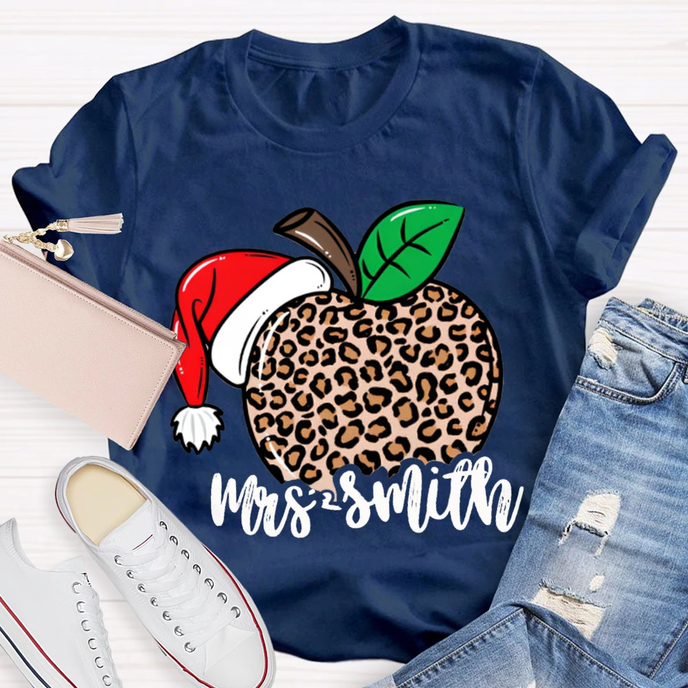 Personalized Name Leopard Apple Santa Hat Christmas T-shirt