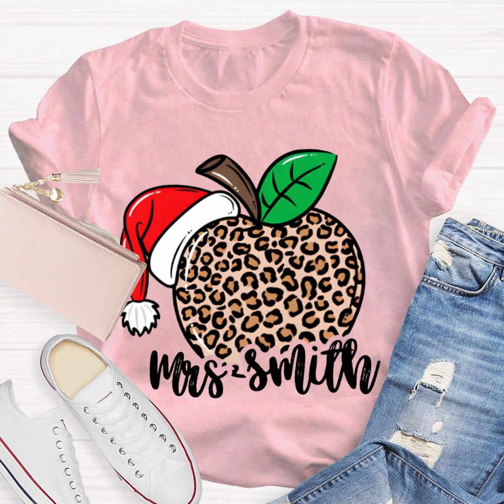 Personalized Name Leopard Apple Santa Hat Christmas T-shirt