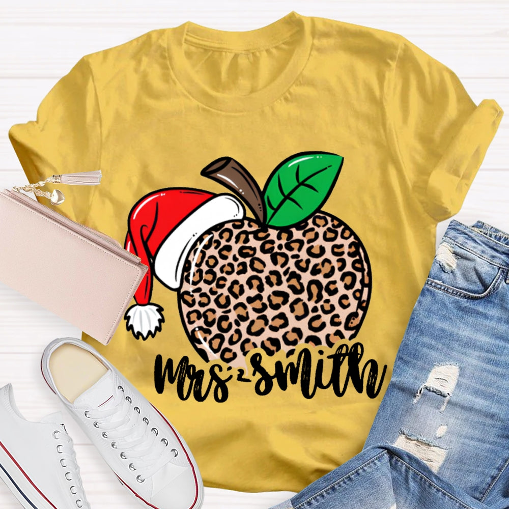 Personalized Name Leopard Apple Santa Hat Christmas T-shirt