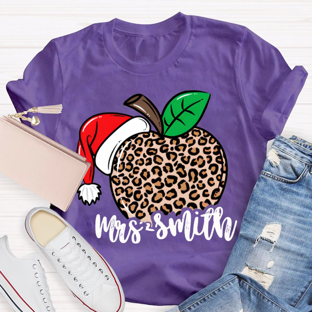 Personalized Name Leopard Apple Santa Hat Christmas T-shirt