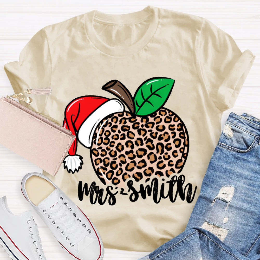 Personalized Name Leopard Apple Santa Hat Christmas T-shirt