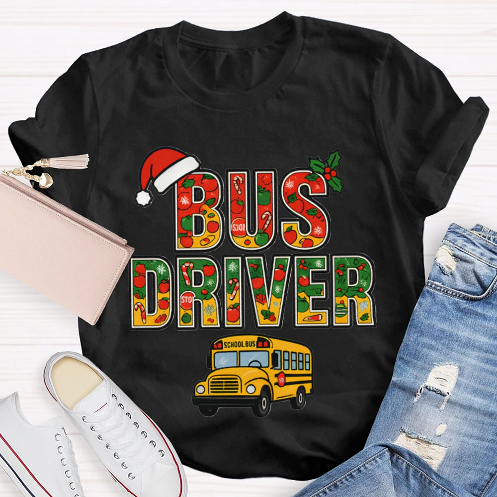 School Bus Driver Santa Hat And Christmas Font T-shirt