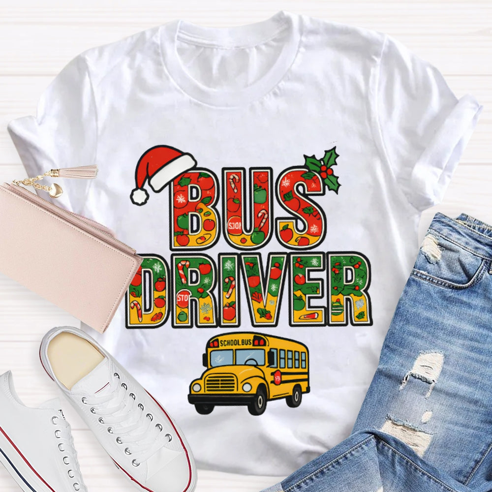 School Bus Driver Santa Hat And Christmas Font T-shirt