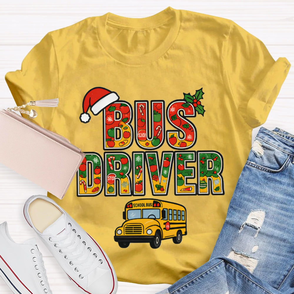 School Bus Driver Santa Hat And Christmas Font T-shirt