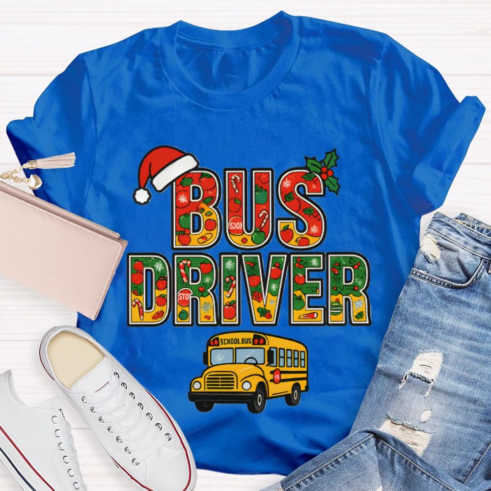 School Bus Driver Santa Hat And Christmas Font T-shirt