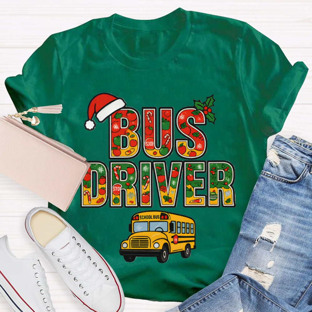 School Bus Driver Santa Hat And Christmas Font T-shirt