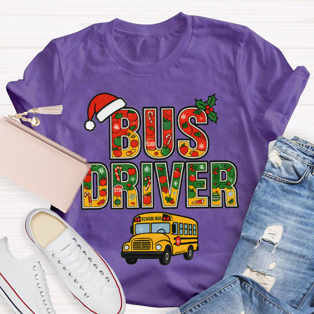 School Bus Driver Santa Hat And Christmas Font T-shirt