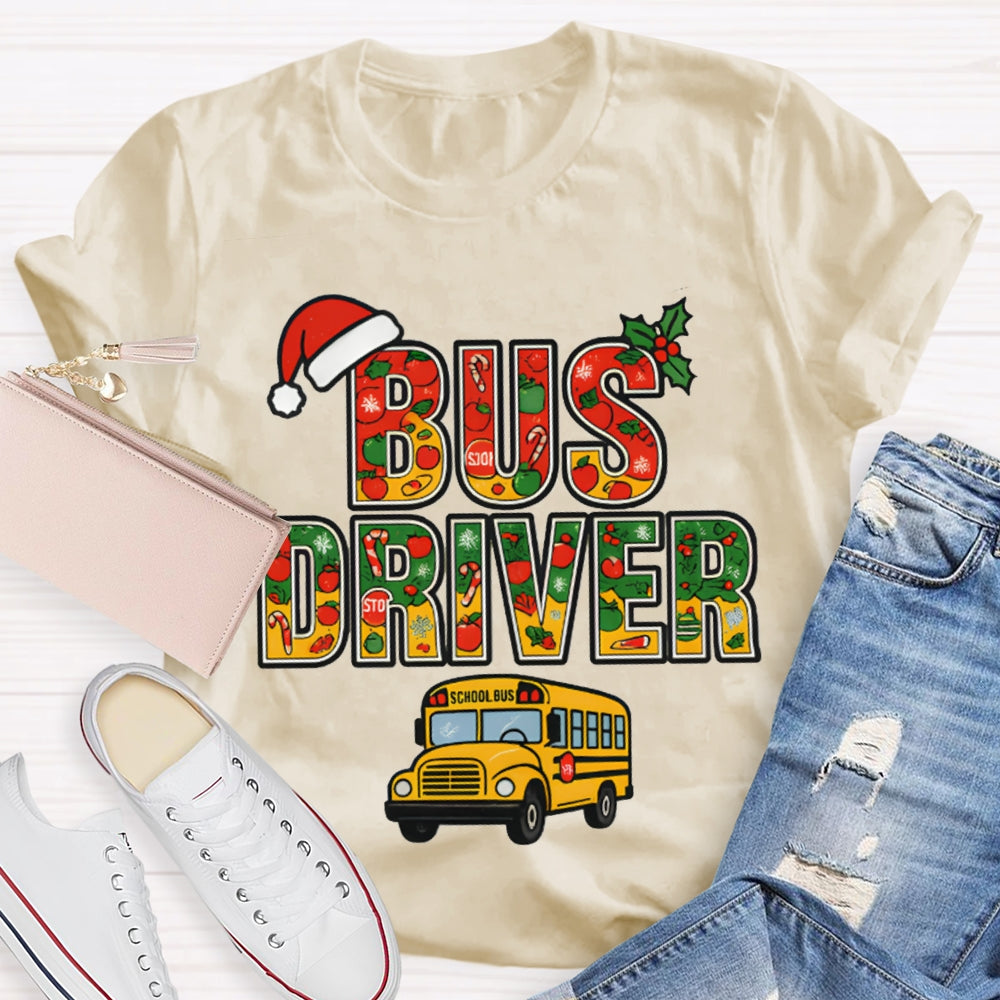 School Bus Driver Santa Hat And Christmas Font T-shirt