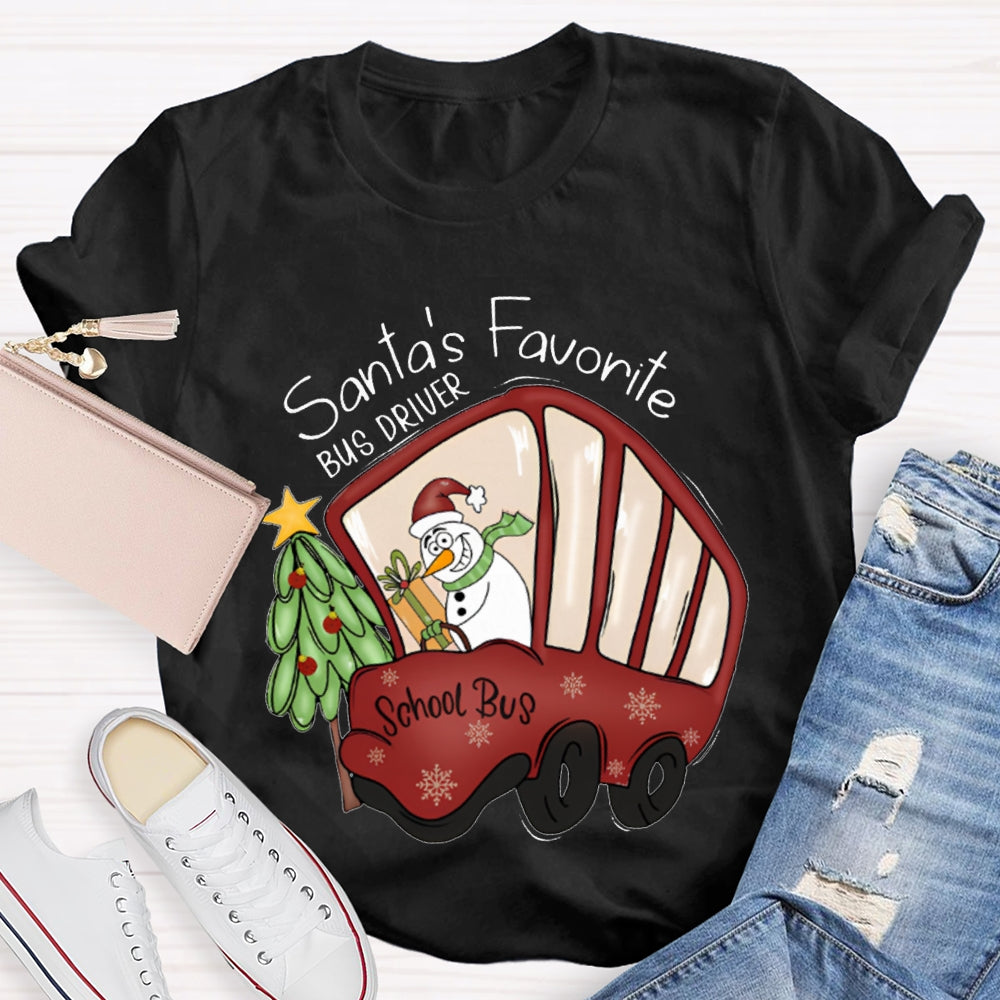 Santa'S Favorite School Bus Christmas Tree And Snowman Christmas T-shirt