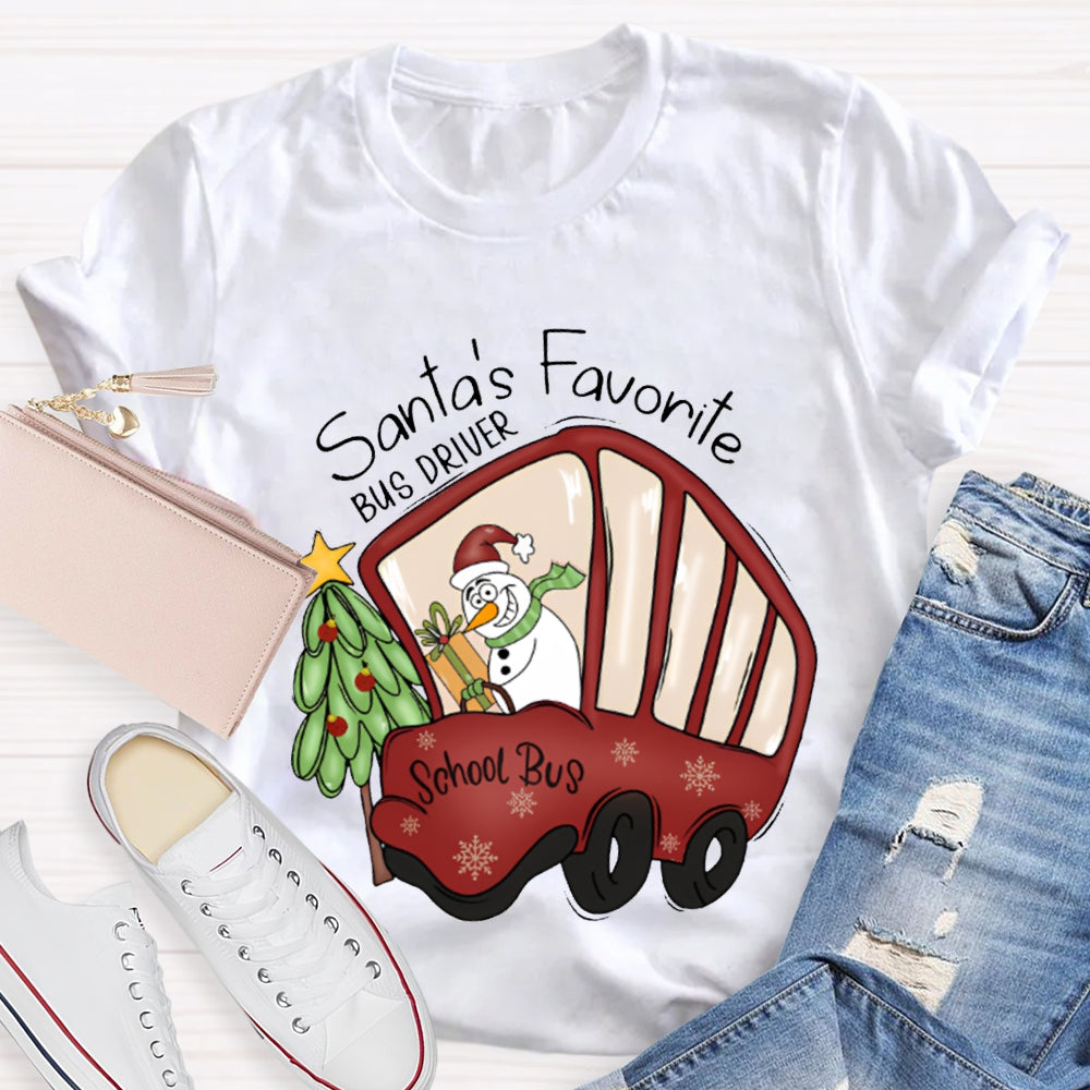 Santa'S Favorite School Bus Christmas Tree And Snowman Christmas T-shirt