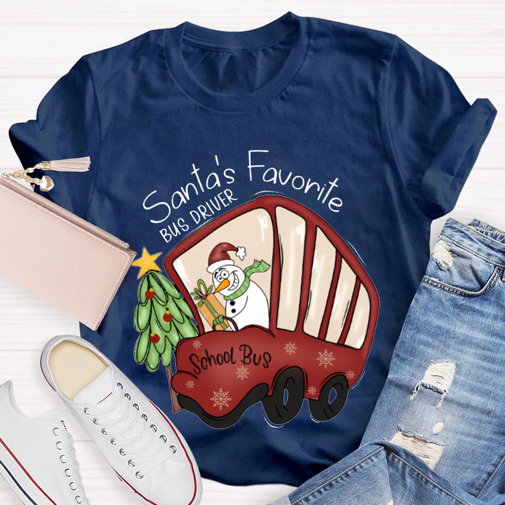 Santa'S Favorite School Bus Christmas Tree And Snowman Christmas T-shirt