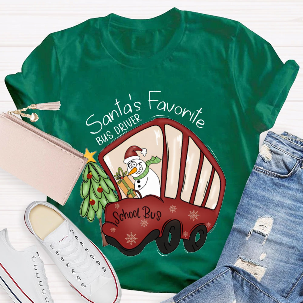 Santa'S Favorite School Bus Christmas Tree And Snowman Christmas T-shirt