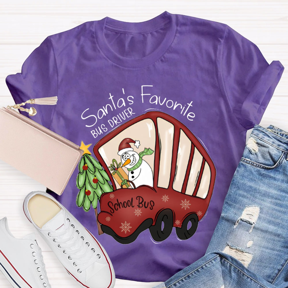 Santa'S Favorite School Bus Christmas Tree And Snowman Christmas T-shirt