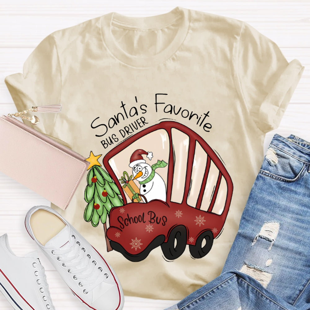 Santa'S Favorite School Bus Christmas Tree And Snowman Christmas T-shirt