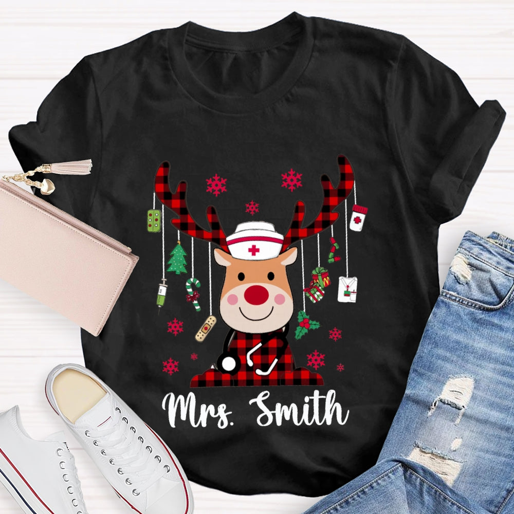 Personalized Name Christmas Elk School Nurse And Snowflake T-shirt