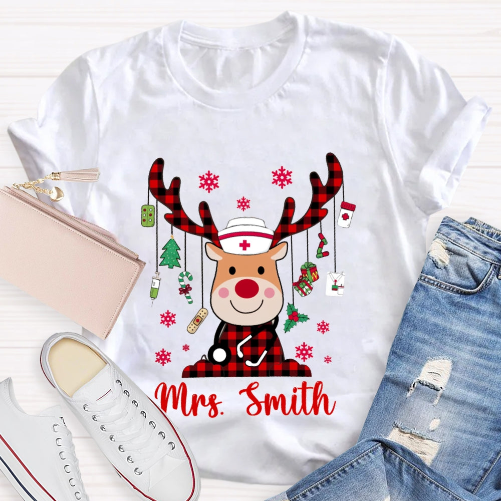 Personalized Name Christmas Elk School Nurse And Snowflake T-shirt