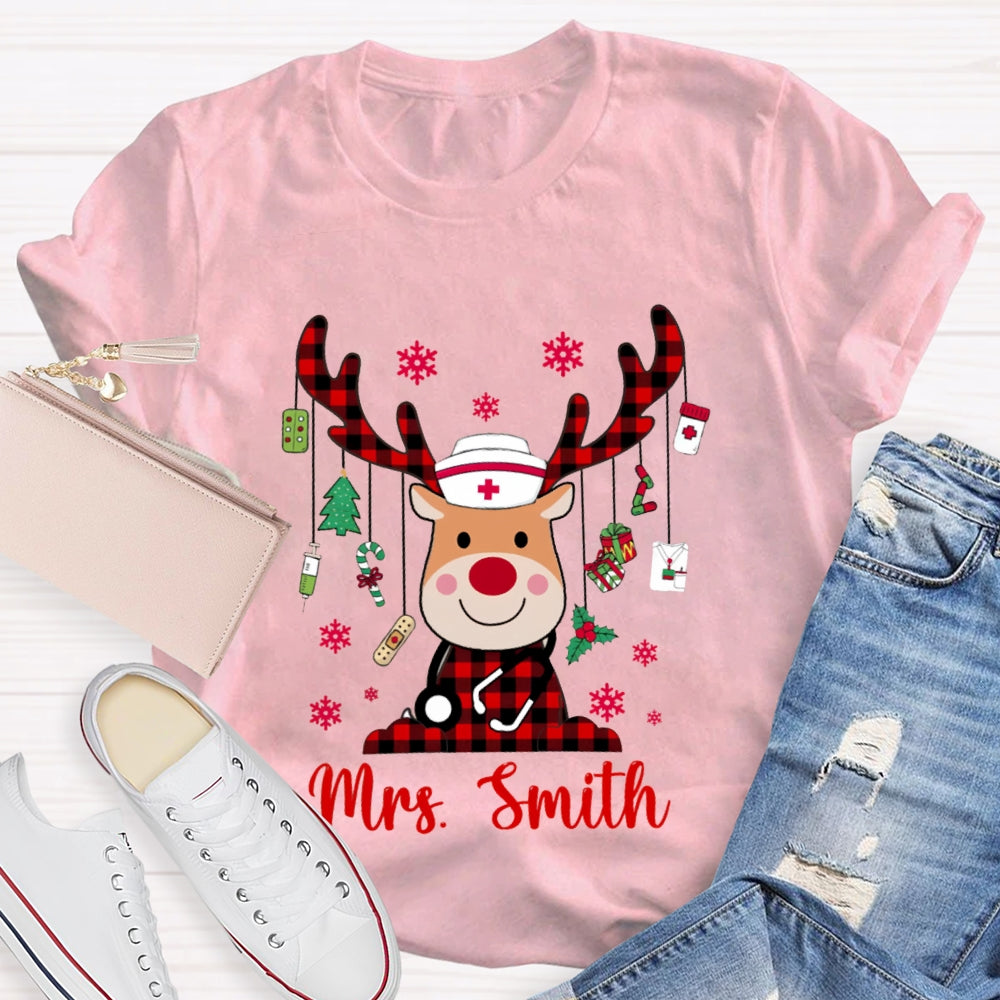 Personalized Name Christmas Elk School Nurse And Snowflake T-shirt