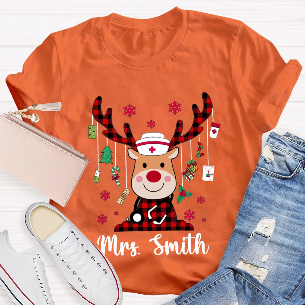 Personalized Name Christmas Elk School Nurse And Snowflake T-shirt