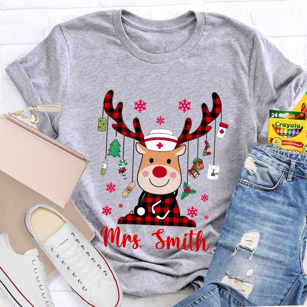 Personalized Name Christmas Elk School Nurse And Snowflake T-shirt