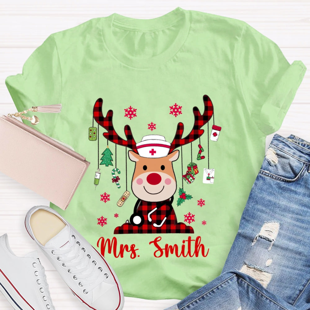 Personalized Name Christmas Elk School Nurse And Snowflake T-shirt