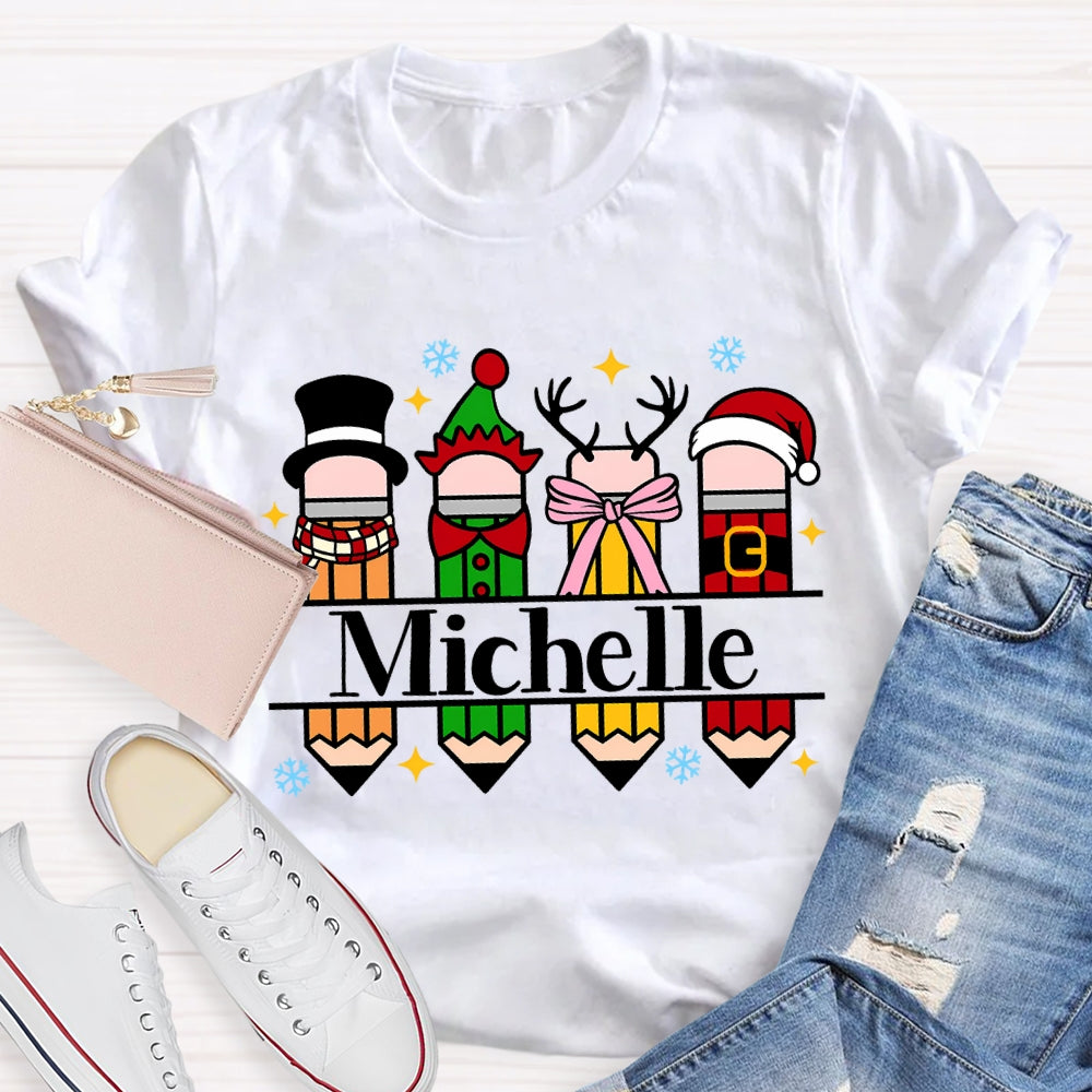 Personalized Name Colorful Crayons And Snowflakes Christmas T-shirt