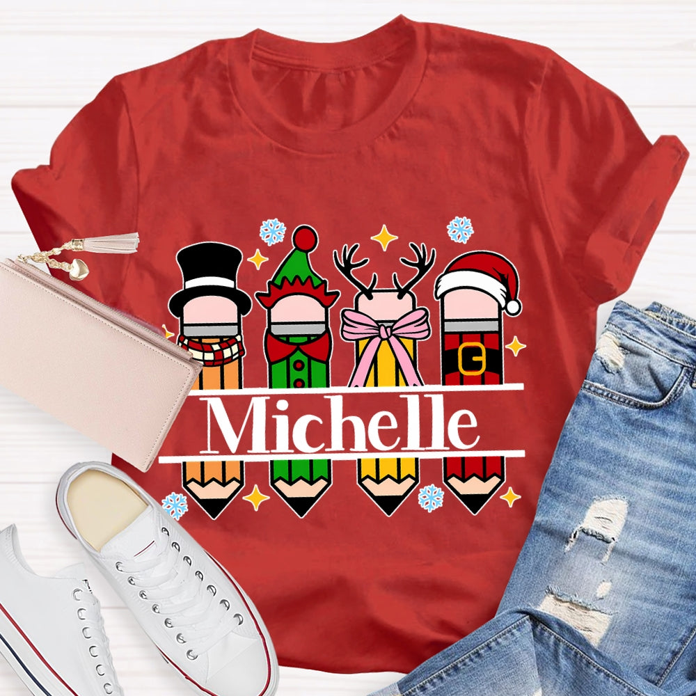 Personalized Name Colorful Crayons And Snowflakes Christmas T-shirt