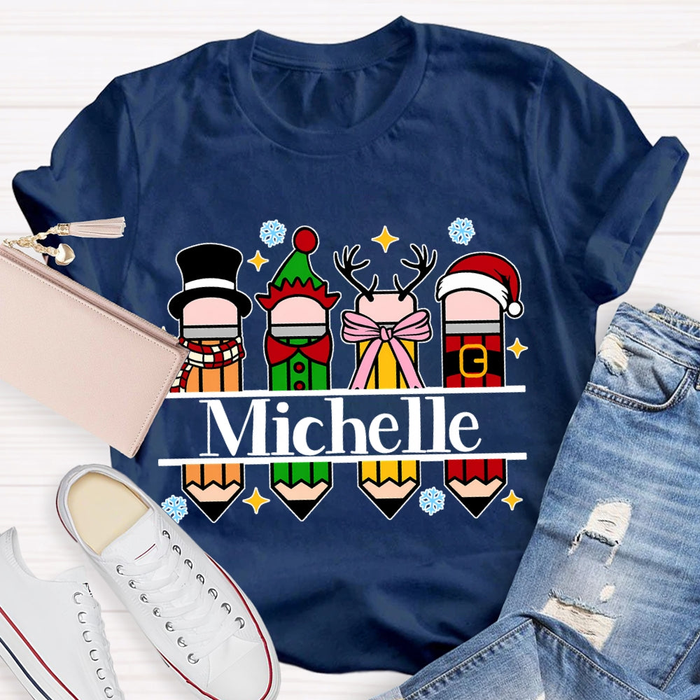 Personalized Name Colorful Crayons And Snowflakes Christmas T-shirt