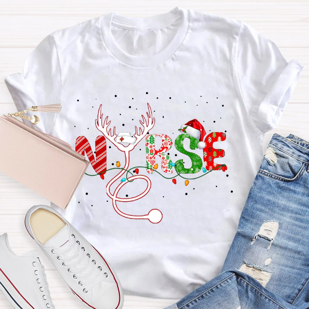 Nurse Elk Horns And Christmas Font Christmas T-shirt
