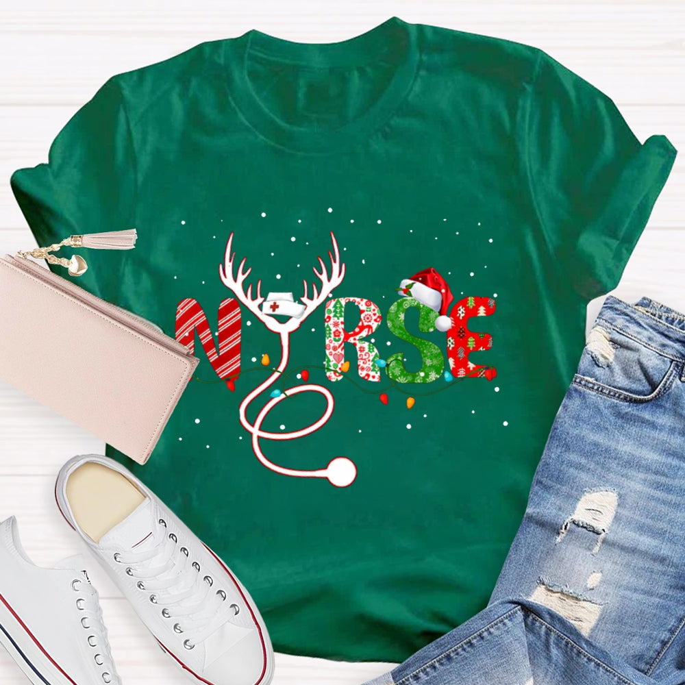 Nurse Elk Horns And Christmas Font Christmas T-shirt