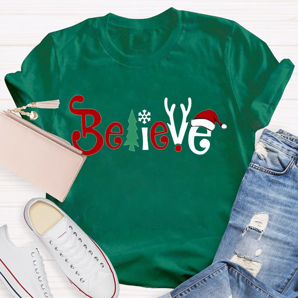 Believe Christmas Tree And Santa Hat T-shirt