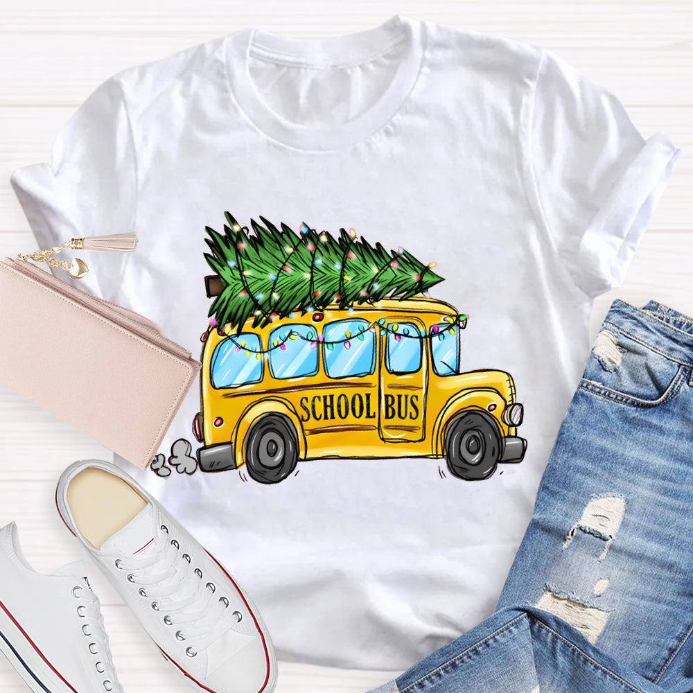 School Bus And Pulling A Christmas Tree Christmas T-shirt