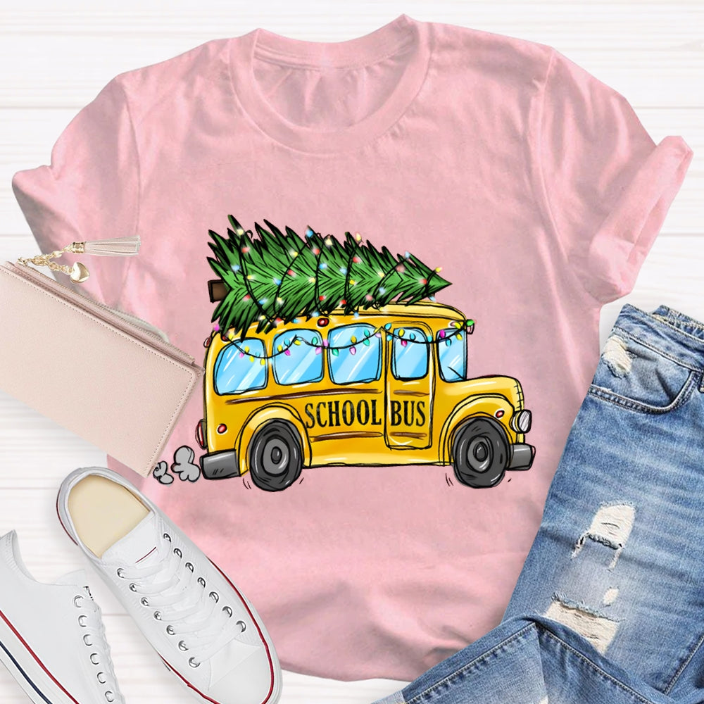 School Bus And Pulling A Christmas Tree Christmas T-shirt