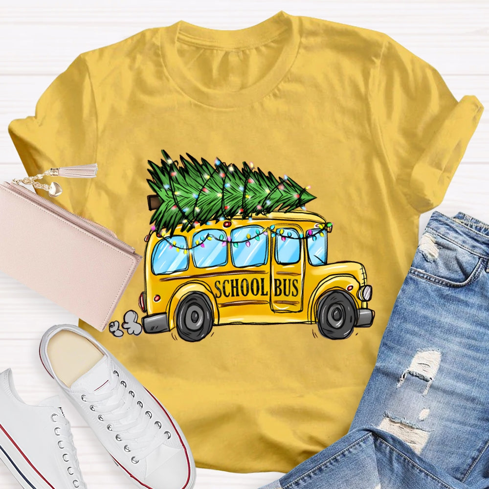 School Bus And Pulling A Christmas Tree Christmas T-shirt