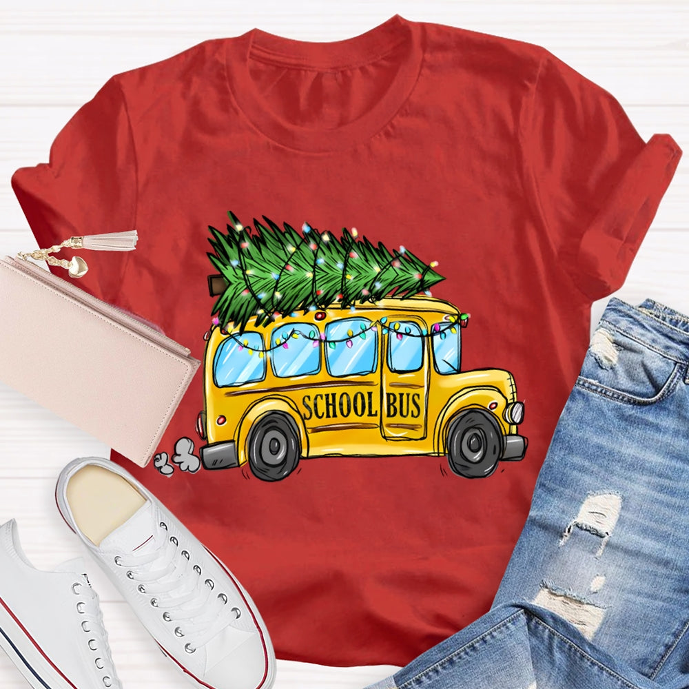 School Bus And Pulling A Christmas Tree Christmas T-shirt