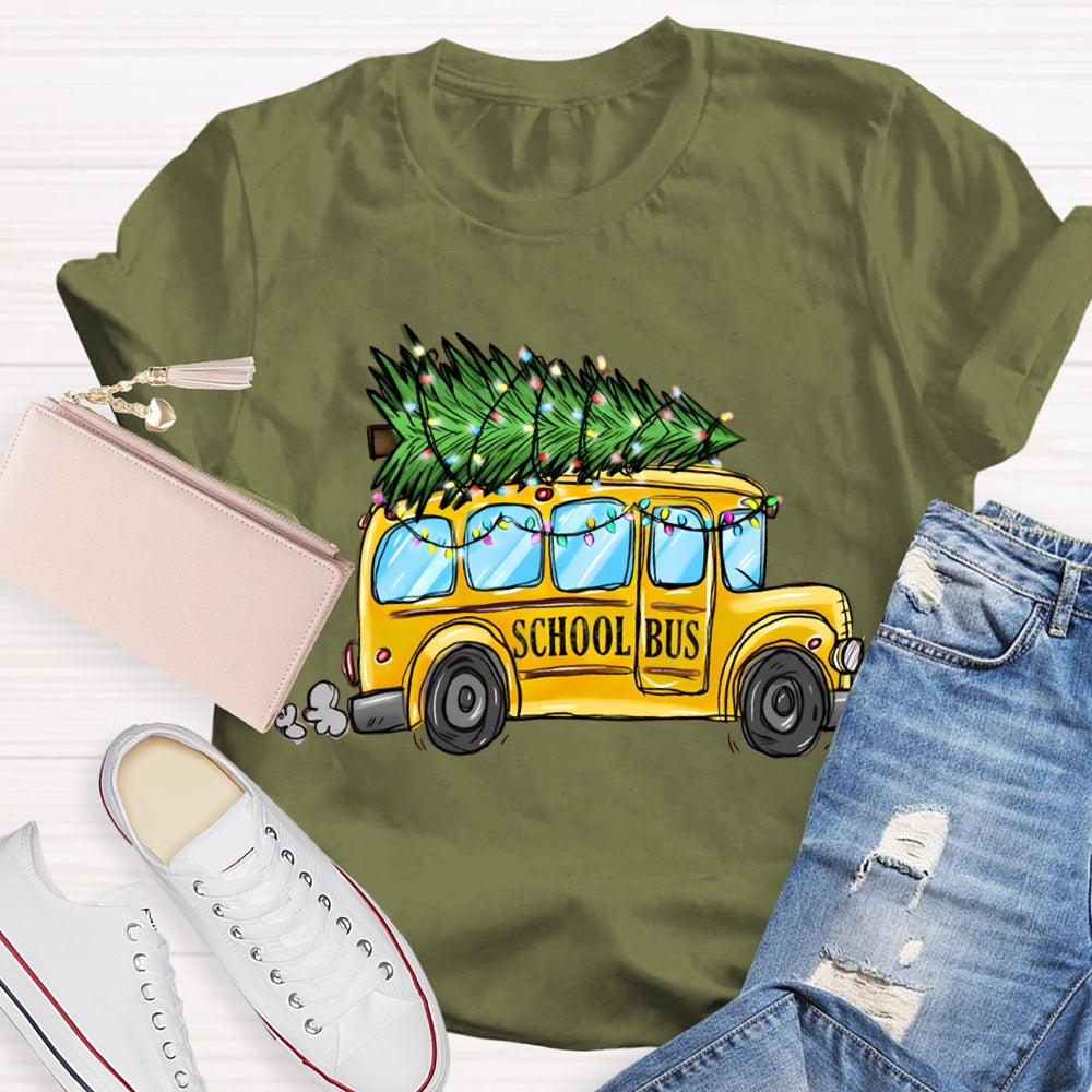 School Bus And Pulling A Christmas Tree Christmas T-shirt